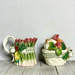 FITZ AND FLOYD Herb Garden Lidded Sugar Bowl and Creamer Set